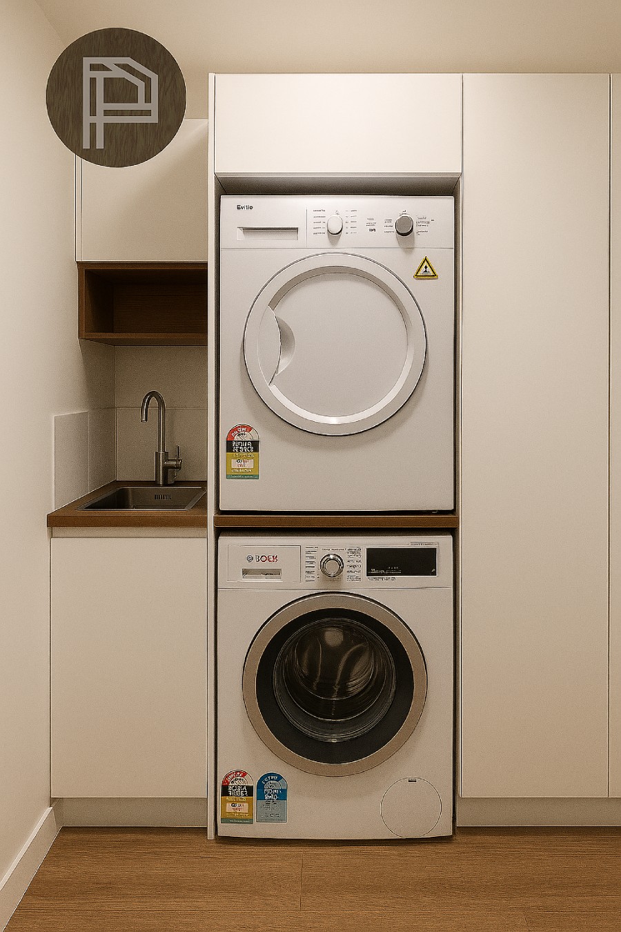 Design concept for a stacked washer and dryer laundry tower with white cabinetry