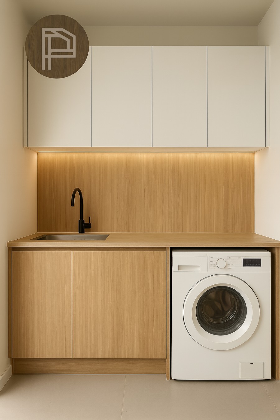 Design concept for an oak and white laundry with a built-in washing machine