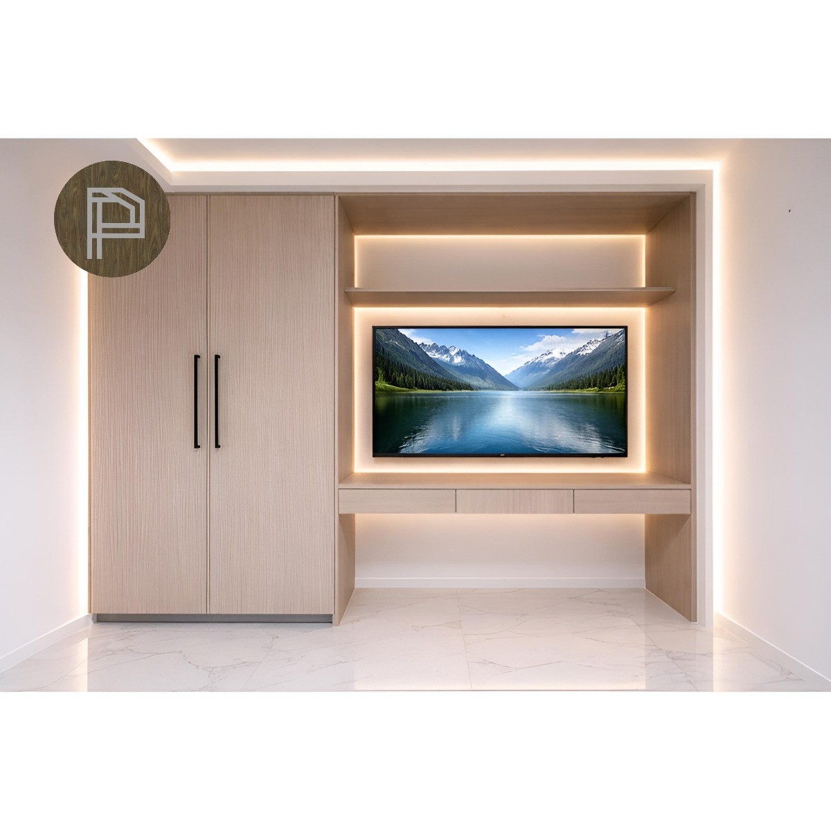 Design concept for a bedroom wardrobe and media wall with LED lighting